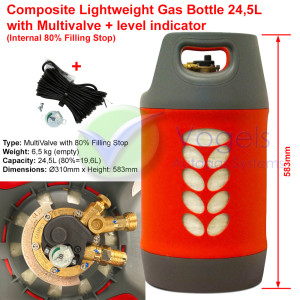 Komposit-LPG-Gasflasche Multiventil 24,5 Liter mit 80 % Füllstopp + Tankanzeige, Sensor und Verkabelung