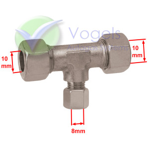 T-Stück für Flüssiggasleitung 10x8x10 mm mit Kompressionsring und Überwurfmutter (07-763-00)